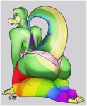  anthro big_butt butt butt_focus clothed clothing crossdressing digital_media_(artwork) gecko gex_(series) gex_the_gecko girly green_body huge_butt kneeling krowbutt leg_warmers legwear lgbt_pride lipstick lizard looking_at_viewer looking_back makeup male panties pride_color_clothing pride_color_legwear pride_colors purple_lipstick rainbow_pride_colors rear_view reptile scalie simple_background six-stripe_rainbow_pride_colors smile solo tail thick_thighs underwear 