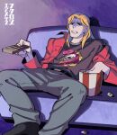  1boy belt black_belt black_eyes black_footwear blonde_hair chain chain_necklace commentary_request controller couch eating fingernails food foot_out_of_frame frown gold_chain grey_pants holding holding_remote_control inudori jacket jewelry kaiji kitami_(kaiji) long_hair long_sleeves male_focus medium_bangs necklace open_clothes open_jacket pants popcorn print_shirt purple_background reclining red_jacket remote_control shirt shoes sitting skull_print solo 