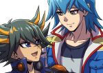  2boys black_hair black_shirt blue_eyes blue_hair blue_jacket bruno_(yu-gi-oh!) collarbone commentary_request facial_tattoo fudou_yuusei grey_eyes high_collar highres jacket looking_at_another male_focus multicolored_hair multiple_boys open_clothes open_jacket open_mouth shirt short_hair simple_background smile spiked_hair streaked_hair t-shirt tattoo upper_body white_background youko-shima yu-gi-oh! yu-gi-oh!_5d&#039;s 