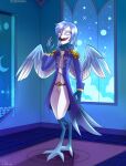  4_fingers absurd_res anthro avian blue_hair caliluminos clothed clothing demon eyebrows fan_character fingers full-length_portrait goetia hair helluva_boss hi_res inside male portrait signature solo standing wings 