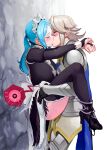  1boy 1girl armor arms_around_neck black_dress black_footwear black_thighhighs blonde_hair blue_cape blue_eyes blue_hair bridal_gauntlets cape closed_eyes clothed_sex corrin_(fire_emblem) dress fire_emblem fire_emblem_fates flora_(fire_emblem) from_side heart hetero high_heels highres impregnation kiss long_hair long_sleeves maid_headdress motion_lines panties panties_around_one_ankle panty_pull pointy_ears ponytail profile red_eyes sex standing suspended_congress sweat thighhighs underwear wazu_san 