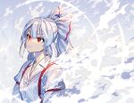  1girl bow closed_mouth collared_shirt commentary fujiwara_no_mokou grey_hair hair_bow long_hair long_sleeves red_eyes shirt sleeve_garter solo suspenders touhou upper_body white_bow white_shirt zounose 