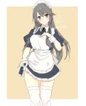  1girl alternate_costume alternate_legwear apron black_dress black_hair blush border brown_eyes clothes_lift cowboy_shot dress dress_lift embarrassed enmaided frilled_apron frilled_dress frills grey_hair hair_between_eyes hair_ornament hairclip haruna_(kancolle) highres kantai_collection long_hair maid maid_apron maid_headdress mochizou puffy_short_sleeves puffy_sleeves short_dress short_sleeves solo thighhighs waist_apron white_apron white_border white_thighhighs wrist_cuffs yellow_background zettai_ryouiki 