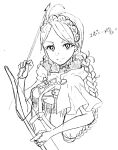  1girl ahoge arrow_(projectile) bow_(weapon) braid breasts buttons fire_emblem fire_emblem_fates greyscale hairband harness holding holding_arrow holding_bow_(weapon) holding_weapon long_hair looking_at_viewer low_twin_braids medium_breasts monochrome nina_(fire_emblem) o-ring parted_bangs twin_braids tyotto_ko_i upper_body weapon 