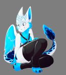  angel_dragon anthro arkona_(arkonadragon) arkonadragon blue_body blue_fur clawed_feet clawed_fingers claws clothing dragon feathered_wings feathers footwear fur furred_dragon harness hi_res horn leather leather_clothing male markings pinup pose scale_markings scales socks solo white_body white_eyes white_fur wings 