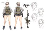 1girl alma01 battle_rifle black_gloves black_socks closed_eyes closed_mouth commentary english_commentary expressions forehead gloves grey_footwear grey_hair grey_hoodie grey_shorts gun h&amp;k_hk417 handgun hood hood_down hoodie long_sleeves multiple_views original parted_bangs rifle shoes short_shorts shorts sig_sauer_p320 simple_background smile socks sunglasses v-shaped_eyebrows watermark weapon weapon_request white_background 