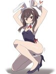  1girl alternate_costume animal_ears arms_up bare_shoulders black_footwear black_leotard blush bow bowtie breasts brown_hair closed_mouth commentary curvy detached_collar embarrassed fake_animal_ears frown full_body high_heels highres kneeling kono_subarashii_sekai_ni_shukufuku_wo! leotard looking_at_viewer megumin motion_lines noyama_takenoko playboy_bunny rabbit_ears red_bow red_bowtie red_eyes shiny_skin short_hair_with_long_locks simple_background small_breasts solo strapless strapless_leotard sweatdrop thighs v-shaped_eyebrows white_background white_wrist_cuffs 