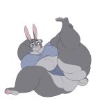  2023 anthro belly big_breasts breasts clothing deep_navel disney female flat_colors fur grey_body grey_fur hi_res huge_breasts huge_thighs judy_hopps lagomorph leporid mammal navel nipple_outline obese obese_anthro obese_female overweight overweight_anthro overweight_female panties purple_eyes rabbit simple_background solo stretching thick_thighs topwear underwear white_background xxsparcoxx zootopia 