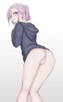  1girl anus ass asymmetrical_bangs bar_censor blue_eyes blush bottomless censored from_behind highres hood hoodie long_sleeves looking_at_viewer looking_back mustee no_panties original parted_lips purple_hair pussy raised_eyebrows simple_background solo twintails 