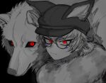  1boy animal_ears animal_hat black_background cabbie_hat closed_mouth commentary_request facial_mark fake_animal_ears fur_collar glasses hair_between_eyes hat highres looking_at_viewer male_focus master_detective_archives:_rain_code natto_rain red_eyes round_eyewear short_hair simple_background solo spot_color upper_body wolf zilch_alexander 
