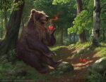  animal animal_focus artist_name bear bottle caraidart commentary day english_commentary forest grass holding holding_bottle magic:_the_gathering nature no_humans outdoors plant potion rock tree watermark 