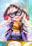  1girl absurdres ahoge alternate_costume black_gloves blue_eyes braid breasts burger cape commission commissioner_upload crystal_earrings earrings eating eye_mask fire_emblem fire_emblem_fates fire_emblem_heroes food french_fries gloves harness heart highres holding holding_food hood hood_up hooded_cape iced_coffee indoors jewelry low_twin_braids medium_breasts mihayuuno nina_(fire_emblem) nina_(thief)_(fire_emblem) non-web_source o-ring official_alternate_costume open_mouth parted_bangs plate saliva skeb_commission solo twin_braids 