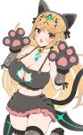  1girl animal_ears bell black_skirt black_thighhighs blonde_hair breasts cat_ears cat_lingerie cat_tail cleavage cleavage_cutout clothing_cutout earrings fake_animal_ears fake_tail fang gonzarez halloween halloween_costume highres jewelry jingle_bell large_breasts long_hair looking_at_viewer meme_attire mythra_(xenoblade) neck_bell paw_pose simple_background skin_fang skirt solo standing standing_on_one_leg tail thighhighs white_background xenoblade_chronicles_(series) xenoblade_chronicles_2 yellow_eyes 