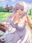  1girl :d azur_lane bare_arms basket blunt_bangs blurry blush braid breasts buran_(22x) cleavage collarbone commentary_request commission day depth_of_field dress grey_eyes hand_up highres holding holding_basket large_breasts long_hair looking_at_viewer open_mouth outdoors skeb_commission smile solo sundress twin_braids vittorio_veneto_(azur_lane) white_dress white_hair 