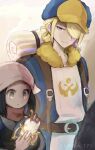  1boy 1girl akari_(pokemon) backpack bag blonde_hair blue_eyes blue_hair commentary_request hair_over_one_eye hat head_scarf highres long_hair looking_down miyapk_171 pokemon pokemon_(game) pokemon_legends:_arceus red_scarf scarf short_hair sidelocks smile upper_body volo_(pokemon) 