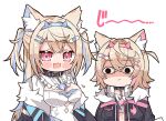  2girls animal_ears black_jacket blonde_hair blue_hair breast_envy breasts chibi cleavage closed_mouth collar commentary dog_ears dog_girl english_commentary fur_trim fuwawa_abyssgard hair_between_eyes hair_ornament hairband headphones headphones_around_neck highres hololive hololive_english jacket kukie-nyan large_breasts long_hair mococo_abyssgard multicolored_hair multiple_girls open_clothes open_jacket open_mouth pink_eyes pink_hair short_hair siblings sisters streaked_hair twins virtual_youtuber white_background 