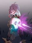  1girl ahoge bare_shoulders belt black_belt black_choker black_pants blood blood_in_hair briar_(league_of_legends) brown_sleeves choker detached_sleeves energy english_commentary gradient_background grey_background grey_hair hair_between_eyes highres jjugumibeeo_(uuuumchit) league_of_legends looking_back medium_hair multicolored_hair open_mouth pants pink_hair torn_clothes torn_sleeves two-tone_hair vampire yellow_eyes 