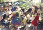  6+girls apron arm_ribbon armor arms_behind_head ascot bat_wings blonde_hair blue_dress blue_hair blue_headwear blue_shirt bow braid buttons cape dark_blue_hair detached_sleeves dress eyeball flower frilled_bow frilled_hair_tubes frilled_sleeves frills frog_hair_ornament gohei grass green_apron green_eyes green_hair green_headwear green_hood hair_bow hair_ornament hair_tubes hairband hakurei_reimu hand_on_own_chin hand_on_own_hip hand_up haniyasushin_keiki hat hat_bow head_scarf heart heart_button heart_hair_ornament iizunamaru_megumu kirisame_marisa kochiya_sanae komeiji_satori light_rays long_hair looking_to_the_side mob_cap multicolored_clothes multicolored_dress multicolored_hairband multiple_girls nontraditional_miko open_mouth outdoors parasol patchwork_clothes pauldrons pink_hair pink_skirt red_ascot red_bow red_eyes red_skirt remilia_scarlet ribbon ribbon-trimmed_sleeves ribbon_trim rock shirt short_hair shoulder_armor shoulder_guard side_braid single_braid single_pauldron single_strap skirt skirt_set smile snake_hair_ornament sunbeam sunlight tengu tenkyuu_chimata third_eye tokin_hat torii touhou tree two-sided_cape two-sided_fabric umbrella waist_apron walking white_bow white_cape wings witch_hat wrist_cuffs yellow_ascot yellow_dress yellow_eyes yellow_sleeves 