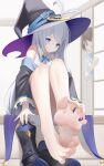  absurdres bare_legs bare_shoulders barefoot black_robe blue_eyes boots feet hat highres j.c.14 long_hair looking_at_viewer open_clothes open_robe original pantyhose robe shirt soles toes white_hair white_pantyhose white_shirt witch witch_hat 