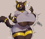  absurd_res accessory anthro anubian_jackal artemis_(zapaeryan) big_breasts black_body black_fur black_hair blonde_hair breast_expansion breasts canid canine canis clothed clothing expansion female fluffy fluffy_tail fur furgonomics gold_(metal) gold_jewelry gold_markings growth hair hi_res hip_expansion huge_breasts jackal jewelry mammal markings purple_eyes solo strayserval tail tail_accessory tail_jewelry thick_thighs thigh_expansion under_boob wide_hips 