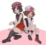  2boys :d bare_legs black_socks black_vest black_wristband boots bracelet brown_eyes brown_hair calem_(pokemon) collared_shirt commentary_request cosplay crossdressing eyewear_on_headwear hat highres hilbert_(pokemon) hilda_(pokemon) hilda_(pokemon)_(cosplay) jewelry knees male_focus multiple_boys open_clothes open_mouth open_vest pink_headwear pleated_skirt pokemon pokemon_(game) pokemon_bw pokemon_xy red_skirt sana_(37pisana) serena_(pokemon) serena_(pokemon)_(cosplay) shirt shoes shorts skirt smile socks sunglasses thighhighs vest white_shirt 