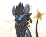  ambiguous_gender black_body black_fur blue_body blue_fur brown_pupils cheek_tuft chest_tuft facial_tuft fangs feral front_view fur generation_4_pokemon grin head_tuft kuttoyaki looking_at_viewer luxray nintendo pokemon pokemon_(species) pupils red_nose red_sclera simple_background smile solo teeth tuft yellow_eyes 