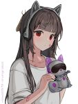  1girl animal_ears bandage_on_chest bandaged_arm bandages brown_hair cat_ears hair_ornament headphones highres holding long_hair original red_eyes shirt t-shirt vickie_(cryingrobot) vickie_(cryingrobot)_(character) white_shirt 