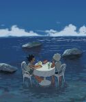  2boys 40599 barefoot black_hair black_shorts chair closed_mouth cup drink drinking_glass drinking_straw food fruit gon_freecss green_shorts hand_on_own_face highres horizon hunter_x_hunter killua_zoldyck looking_ahead looking_at_another male_child male_focus multiple_boys ocean shirt short_hair shorts sitting smile spiked_hair table watermelon watermelon_slice white_hair white_shirt 