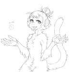  ambiguous_gender anthro arm_tuft bangs belly_tuft big_ears chest_tuft crotch_tuft elbow_tuft eyelashes fangs fluffy gesture hair hair_bun haplorhine head_tuft mammal monkey monochrome nails open_mouth primate shrug simple_background sketch smile solo tail tateoftot teeth text tuft white_background 