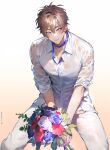  1boy bishounen bouquet brown_eyes eiden_(nu_carnival) flower highres holding holding_bouquet light_brown_hair long_sleeves looking_at_viewer male_focus neck_ribbon nu_carnival owner_bird pink_flower pink_rose purple_flower purple_ribbon purple_rose red_flower ribbon rose see-through see-through_shirt shirt short_hair wet wet_clothes wet_shirt white_flower white_rose 