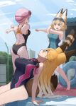  3girls alternate_costume animal_ears bare_shoulders black_one-piece_swimsuit blonde_hair blue_one-piece_swimsuit brown_hair cat_ears cat_girl cat_tail commentary_request competition_swimsuit extra_ears ezo_red_fox_(kemono_friends) fox_ears fox_girl fox_tail goggles goggles_on_head hntk778 kemono_friends long_hair multiple_girls nana_(kemono_friends) no_pants one-piece_swimsuit orange_hair outdoors pink_hair pool serval_(kemono_friends) shirt short_hair short_sleeves sitting swim_cap swimsuit swimsuit_under_clothes t-shirt tail white_shirt yellow_eyes 