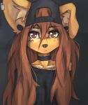  2023 anthro apogee_(tinygaypirate) baseball_cap breasts canid canine canis choker clothed clothing digital_media_(artwork) domestic_dog female female_anthro floppy_ears hair hat headgear headwear hi_res jewelry long_hair looking_at_viewer mammal necklace piercing shirt small_breasts solo spitz tattoo tinygaypirate topwear 