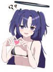  1girl ? ?? @_@ blue_archive breasts cropped_torso fang halo heart heart_hands highres kukuku_(kuruta_39) long_hair looking_at_viewer medium_breasts open_mouth purple_eyes purple_hair simple_background skin_fang solo two_side_up white_background yuuka_(blue_archive) 