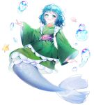  1girl animal blue_eyes blue_hair blush fins frilled_kimono frills full_body green_kimono head_fins highres j_(ppxx3543) japanese_clothes kimono long_sleeves mermaid monster_girl obi open_mouth sash short_hair simple_background smile solo starfish touhou wakasagihime water_drop white_background wide_sleeves 