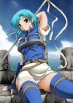  1girl 2000s_(style) aqua_eyes arm_behind_head arm_up armor ashita_yaru belt belt_buckle blue_gloves blue_hair blue_shirt blue_sky blue_thighhighs breasts brown_belt buckle cloud day fingerless_gloves fire_emblem fire_emblem:_the_binding_blade gloves hair_intakes headband high_collar holding holding_polearm holding_weapon large_breasts light_blue_hair miniskirt outdoors panties pegasus_knight_uniform_(fire_emblem) polearm shirt short_hair short_sleeves sitting skirt sky solo thea_(fire_emblem) thighhighs underwear weapon white_headband white_panties white_skirt zettai_ryouiki 