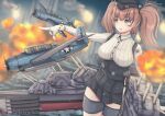  1girl absurdres aircraft airplane atlanta_(kancolle) battle blue_eyes blurry blurry_background brown_hair cowboy_shot high-waist_skirt highres kantai_collection pointing shikabiscuit skirt solo tbf_avenger two_side_up war 