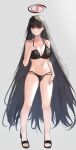  1girl absurdres bikini black_bikini black_hair blue_archive copyright_request grey_background halo hand_on_own_chest highres jaha709953 long_hair looking_at_viewer red_eyes rio_(blue_archive) sandals swimsuit very_long_hair 
