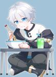  1boy :t aged_down black_footwear black_jacket blue_background blue_eyes boots bowl chopsticks cross-laced_footwear cup d_ooo0 drinking_glass drinking_straw eating food food_on_face full_body grey_pants grey_shirt hair_between_eyes highres holding holding_chopsticks honkai_(series) honkai_impact_3rd indian_style jacket kevin_kaslana lace-up_boots long_sleeves looking_at_viewer male_child male_focus melon_soda noodles off_shoulder open_clothes open_jacket outline pants polo_shirt ramen shirt short_hair simple_background sitting solo two-tone_shirt white_hair white_shirt 