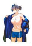 1girl absurdres bare_shoulders blue_coat blue_eyes blue_hair blue_pants blunt_bangs breasts coat colored_inner_hair hair_bun hair_intakes highres hololive hololive_english large_breasts messy_hair multicolored_hair official_alternate_costume ouro_kronii ouro_kronii_(3rd_costume) pants shirt shoes short_hair short_shorts shorts simple_background solo sweat sweatdrop turtleneck two-tone_hair undressing virtual_youtuber white_background white_shirt yuutomeh 