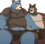  2023 anthro arufina_w bear belly big_belly black_nose blue_body brown_body bulge canid canine canis clothing domestic_dog duo furniture hi_res kemono male male/male mammal overweight overweight_male shirt sitting sofa topwear underwear 