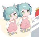  2girls :o aged_down animal_ears aqua_hair bang_dream! blue_bow blush bow commentary cosplay_request green_eyes hair_bow highres hikawa_hina hikawa_sayo holding_hands horse_ears horse_girl horse_tail kemonomimi_mode long_sleeves multiple_girls open_mouth short_hair shorts siblings simple_background suspender_shorts suspenders sweatdrop tail twins white_background zihacheol 
