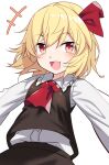  1girl :d ascot blonde_hair commentary_request e.o. fang hair_ribbon highres long_sleeves looking_at_viewer open_mouth red_ascot red_eyes red_ribbon ribbon rumia shirt short_hair simple_background skin_fang smile solo touhou white_background white_shirt 