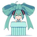  1girl ahoge blue_eyes blue_hair box cinnamiku closed_mouth collared_shirt commentary_request expressionless full_body gift gift_box gram_9 grey_shirt hair_between_eyes hatsune_miku highres in_box in_container long_hair medium_bangs raised_eyebrows shirt simple_background sleeveless sleeveless_shirt solo updo very_long_hair vocaloid white_background 