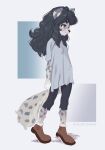  1girl animal_ears black_hair blue_eyes blue_shirt brown_footwear butterchalk closed_mouth commentary english_text flat_chest furry furry_female grey_background highres long_hair melle_(butterchalk) multicolored_background original shirt shoes short_sleeves smile solo standing tail 