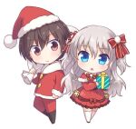  1boy 1girl bag black_thighhighs blue_eyes blush bow box brown_eyes brown_hair capelet charlotte_(anime) chibi christmas commentary_request crossed_bangs dress dress_bow frilled_dress frills fur-trimmed_capelet fur_trim gift gift_bag gift_box grey_hair hair_between_eyes hair_bow hat hetero holding holding_bag holding_gift kousetsu long_hair looking_at_viewer open_mouth otosaka_yuu pom_pom_(clothes) red_bow santa_capelet santa_costume santa_dress santa_hat short_hair sidelocks simple_background star_ornament sweatdrop thighhighs tomori_nao two_side_up wavy_hair white_background 