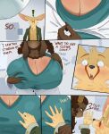  absurd_res anthro big_breasts bovid breasts brown_hair canid canine caprine cleavage clothed clothing comic dialogue dreamy_pride duo female fur hair hi_res huge_breasts male mammal mature_female severa_tettona yellow_body yellow_fur 