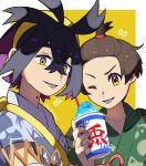  2boys :p ;p antenna_hair artist_name bangs_pinned_back black_hair blue_hairband blue_shirt border brown_hair collarbone colored_inner_hair colored_tongue commentary_request crossed_bangs cup drinking_straw florian_(pokemon) food forehead green_shirt hair_between_eyes hairband hand_up highres holding holding_cup japanese_clothes kieran_(pokemon) kooribata looking_at_viewer male_focus mole mole_on_neck multicolored_hair multiple_boys notice_lines one_eye_closed outside_border pokemon pokemon_(game) pokemon_sv purple_hair shaved_ice shirt short_hair sidelocks simple_background tongue tongue_out topknot twitter_username two-tone_hair upper_body v-shaped_eyebrows white_border yellow_background yellow_eyes yomogi_dango_(sbj_rocketlink) 
