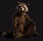  3d_(artwork) absurd_res anthro balls brown_body brown_eyes brown_fur claws digital_media_(artwork) disney erection facial_markings front_view fur genitals guardians_of_the_galaxy head_markings hi_res male mammal markings marvel mask_(marking) nude penis procyonid raccoon rocket_raccoon rockyrcoon simple_background sitting smile solo spread_legs spreading white_muzzle 