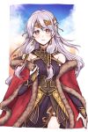  1girl bare_shoulders black_dress bridal_gauntlets cape circlet coat dress earrings fire_emblem fire_emblem:_radiant_dawn fire_emblem_cipher fire_emblem_heroes fur_trim gloves grey_hair half_updo highres jewelry long_hair looking_at_viewer micaiah_(fire_emblem) micaiah_(radiant_queen)_(fire_emblem) misato_hao red_cape side_slit simple_background sleeveless sleeveless_dress smile solo yellow_eyes 