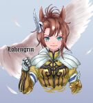  1girl animal_ears armor asymmetrical_bangs bird breastplate brown_hair character_name clenched_hand commentary eyes_visible_through_hair feathers gauntlets genderswap genderswap_(mtf) gradient_background green_eyes grey_background hair_ornament highres horse_ears horse_girl lohengrin_(racehorse) looking_at_viewer multicolored_hair obushideian original personification plate_armor solo swan two-tone_hair umamusume upper_body white_feathers white_hair 